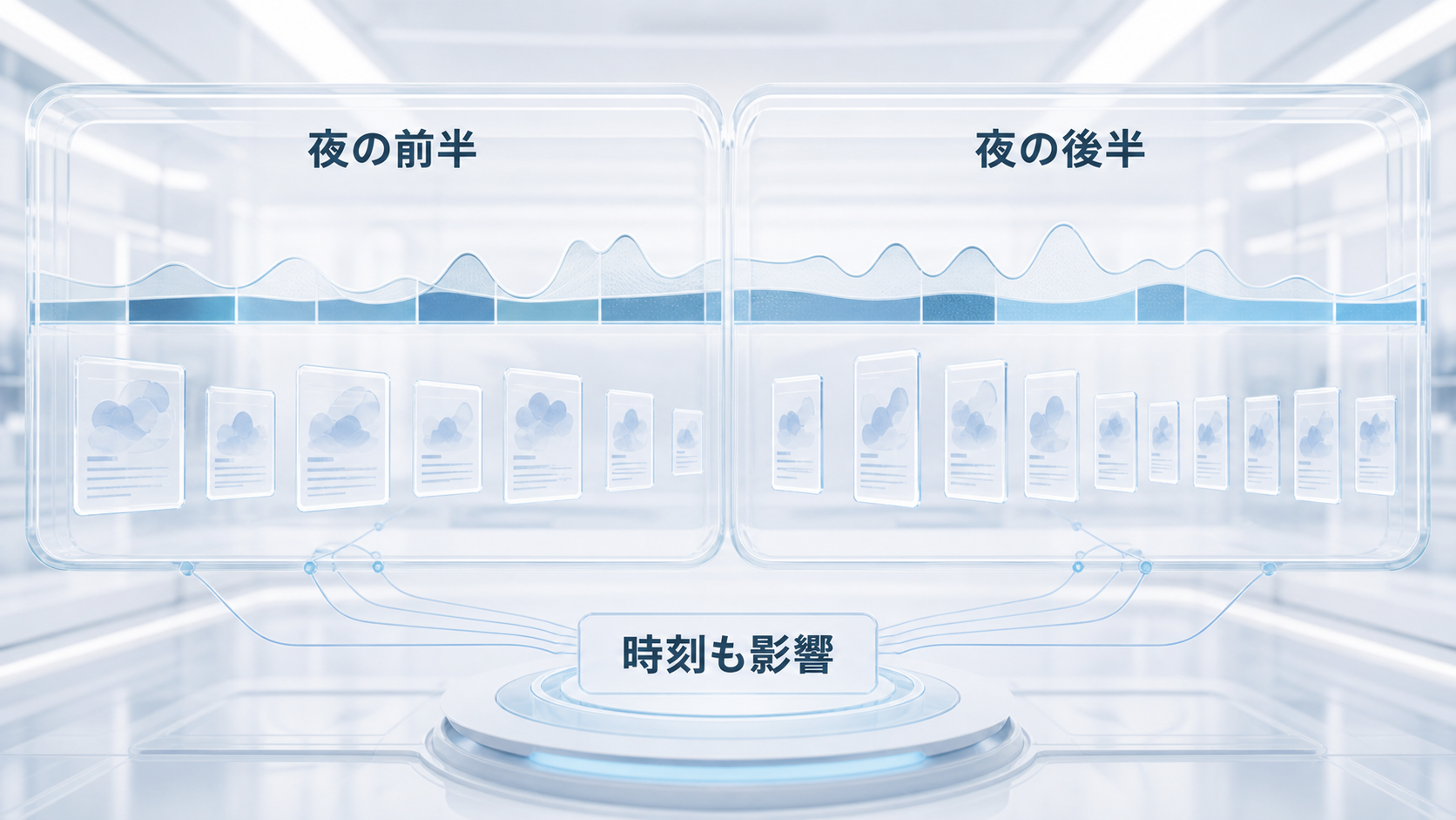 夜の前半と後半で夢報告の形が変わり時刻が比較に影響することを示す図