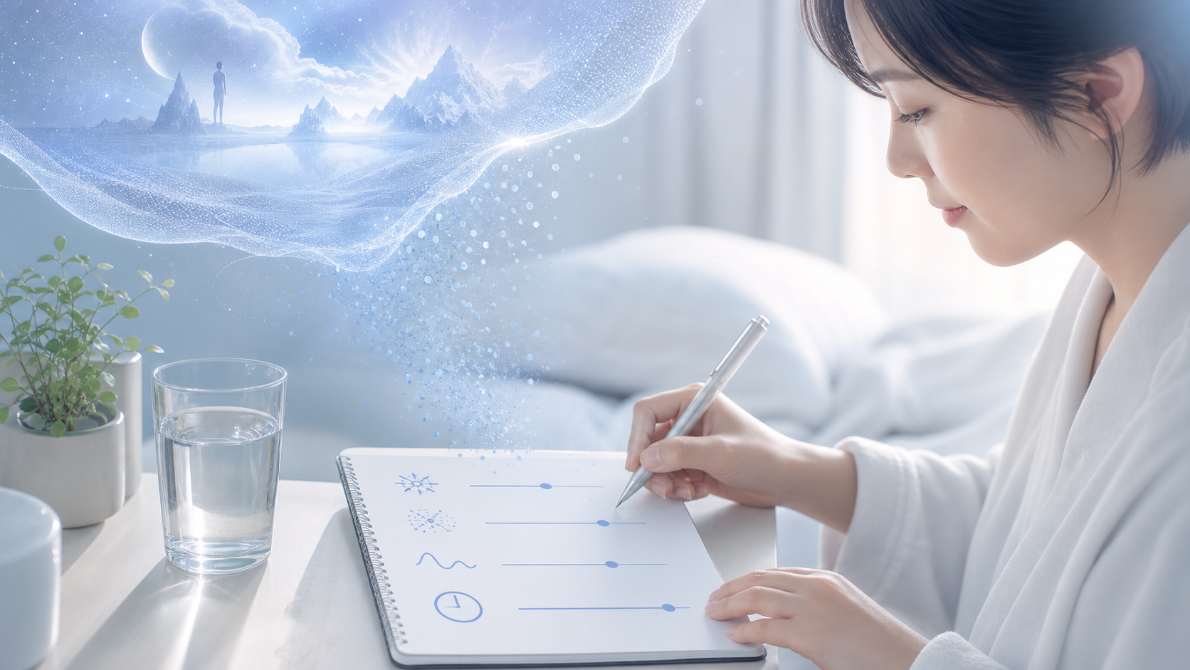 起きた直後に夢が薄れる前の手がかりを記録する様子