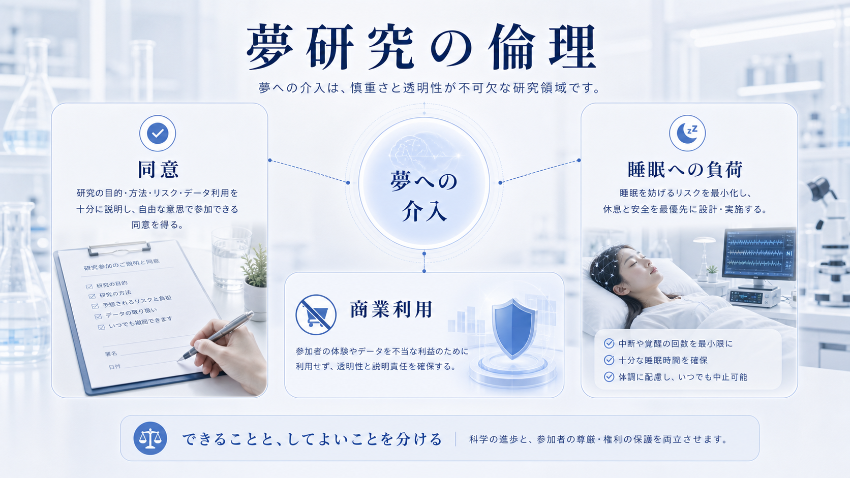 夢への介入には同意、商業利用、睡眠への負荷という倫理的な境界があると示す図解