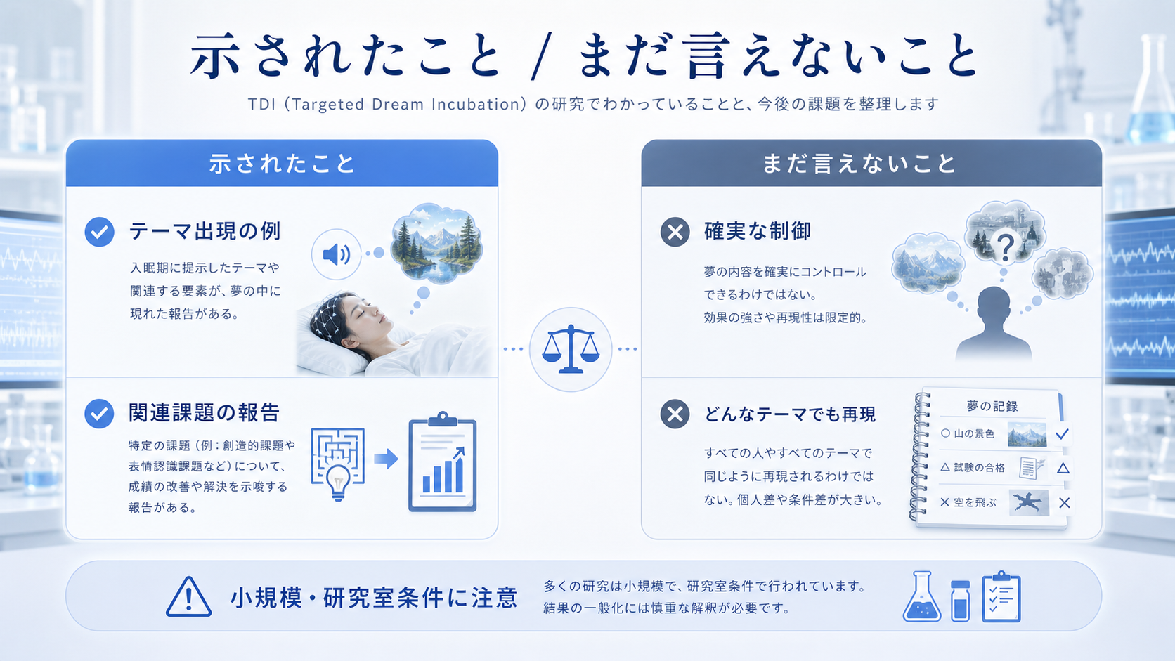 TDI研究で示されたこととまだ言えないことを比較する図解