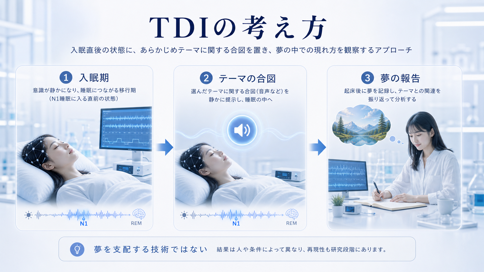 TDIは入眠期にテーマの合図を置き夢の報告を観察する研究手法だと示す図解