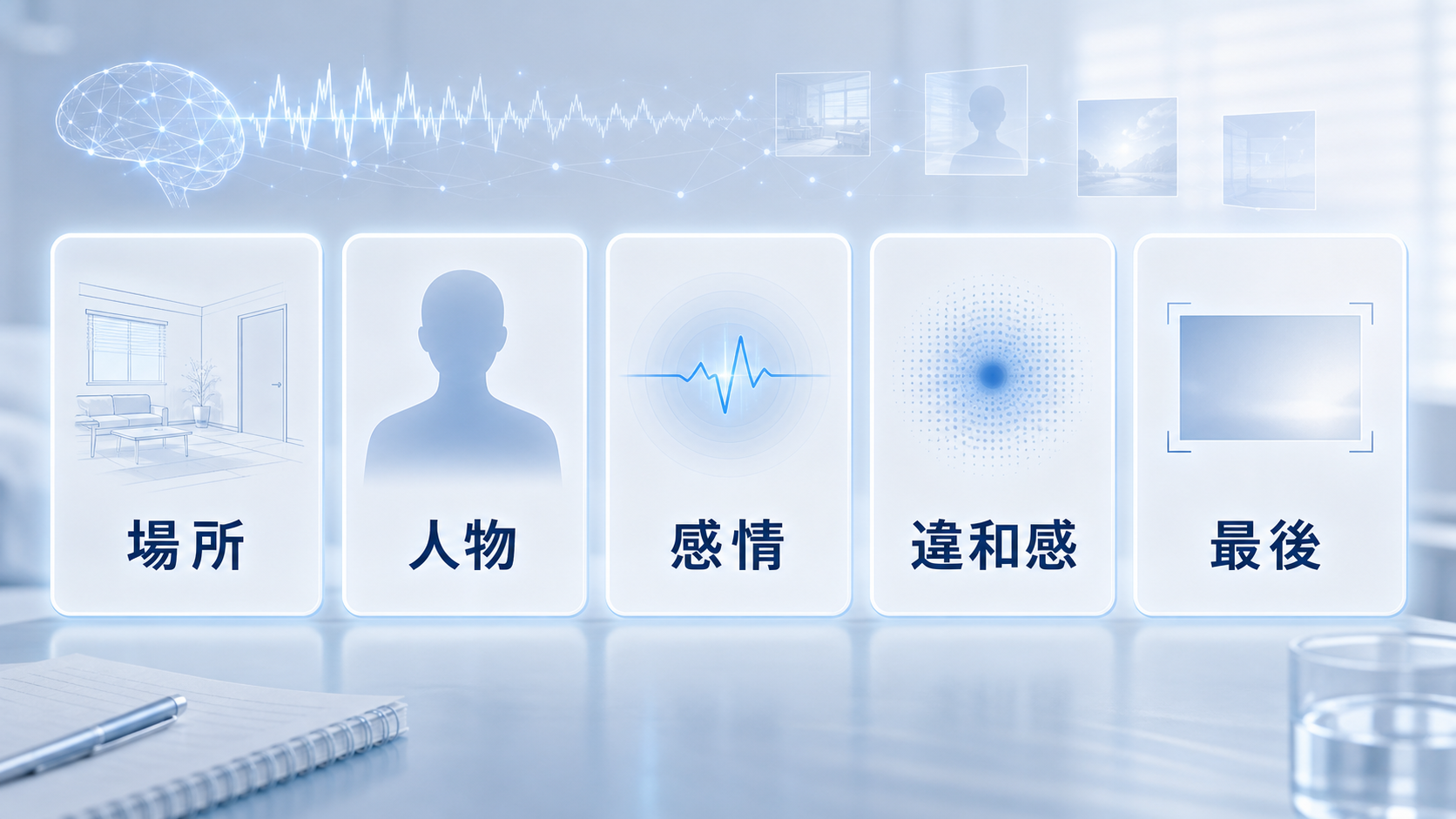 場所、人物、感情、違和感、最後の場面という五つの拾い口を示す図解