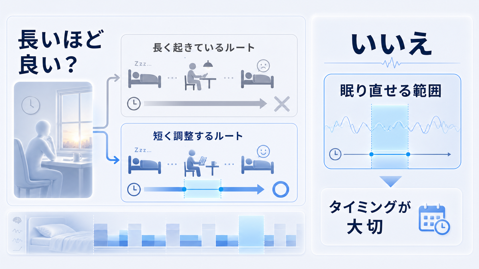 WBTBは長く起きるほどよいのではなく、眠り直せる範囲とタイミングが大切だと示す図解