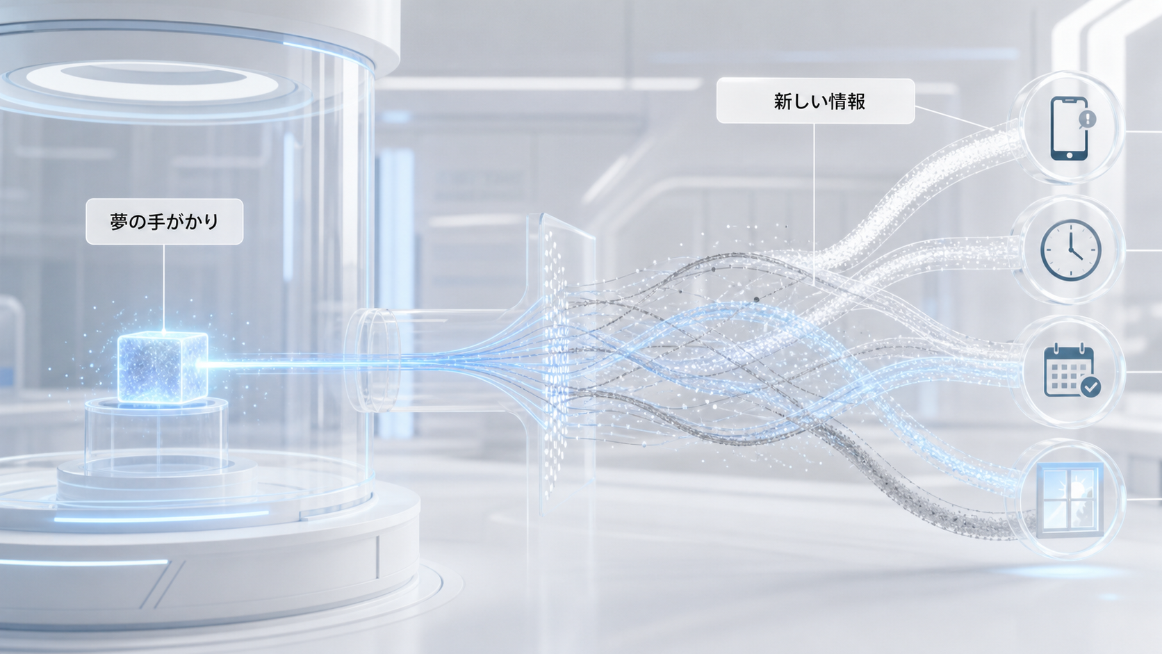 目覚め直後の夢の手がかりへ通知、予定、光など新しい情報が重なる可能性を示す図