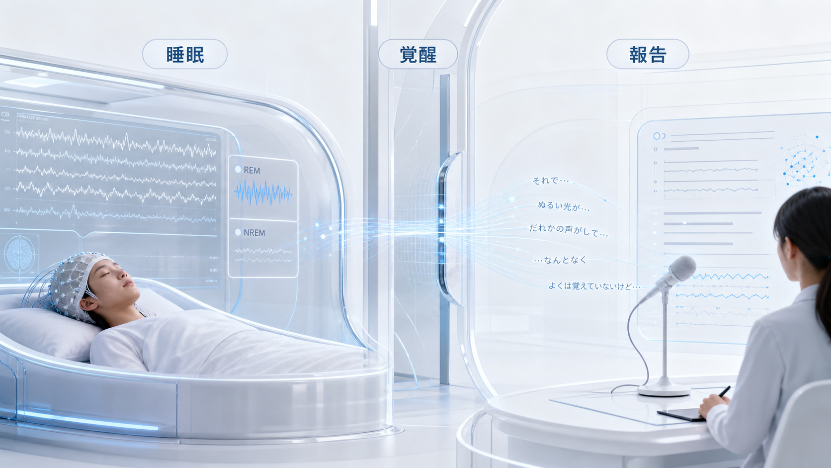 睡眠中の主観的な夢体験から覚醒後の質問と報告へ移る研究手続きを示す図